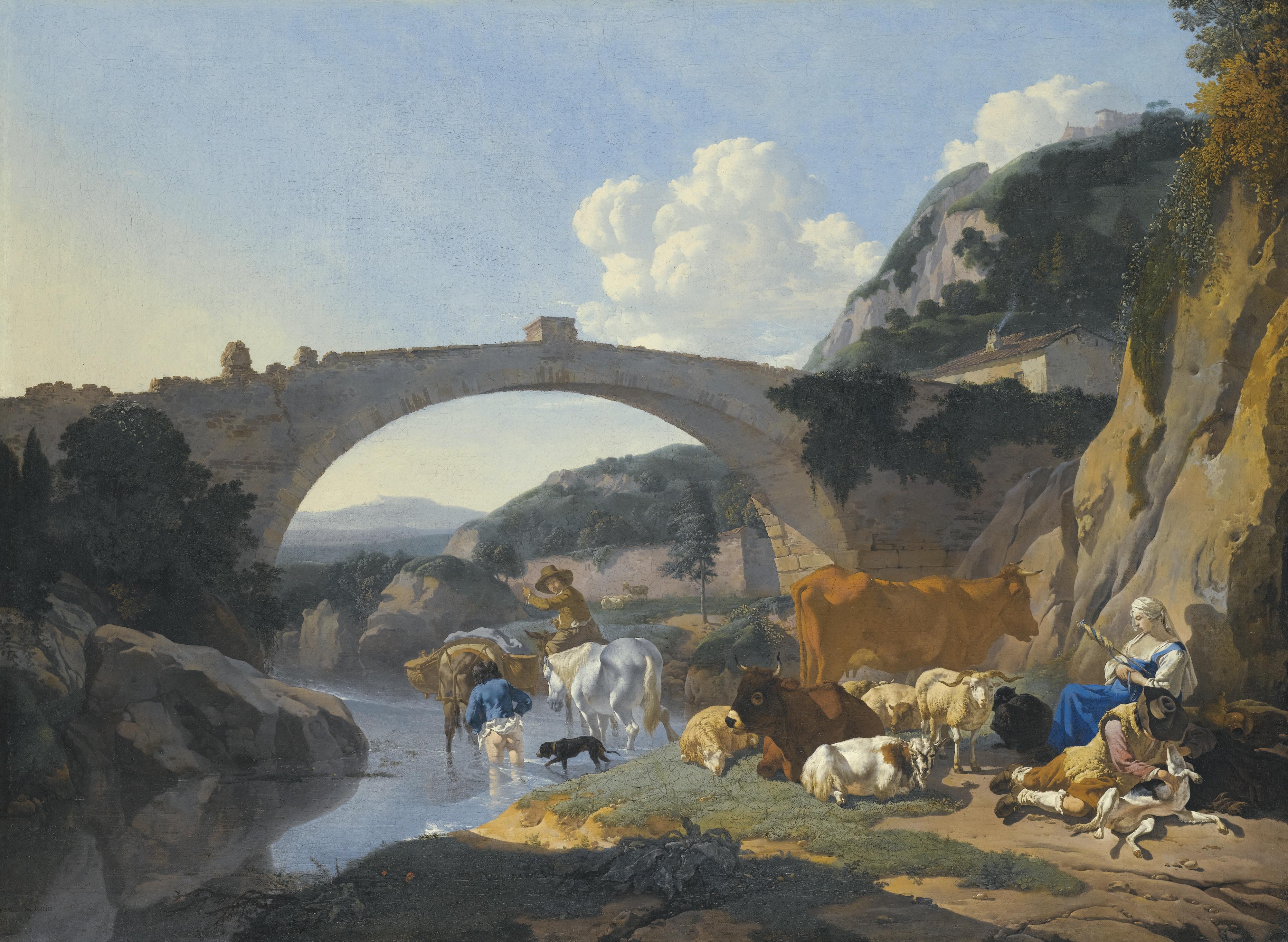 Karel Du Jardin - Italianate Landscape With Herders And Animals Resting By A River Under A Bridge