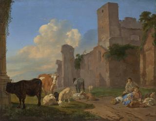 Karel Du Jardin - Three shepherds playing a game of cards in a meadow landscape with ruins