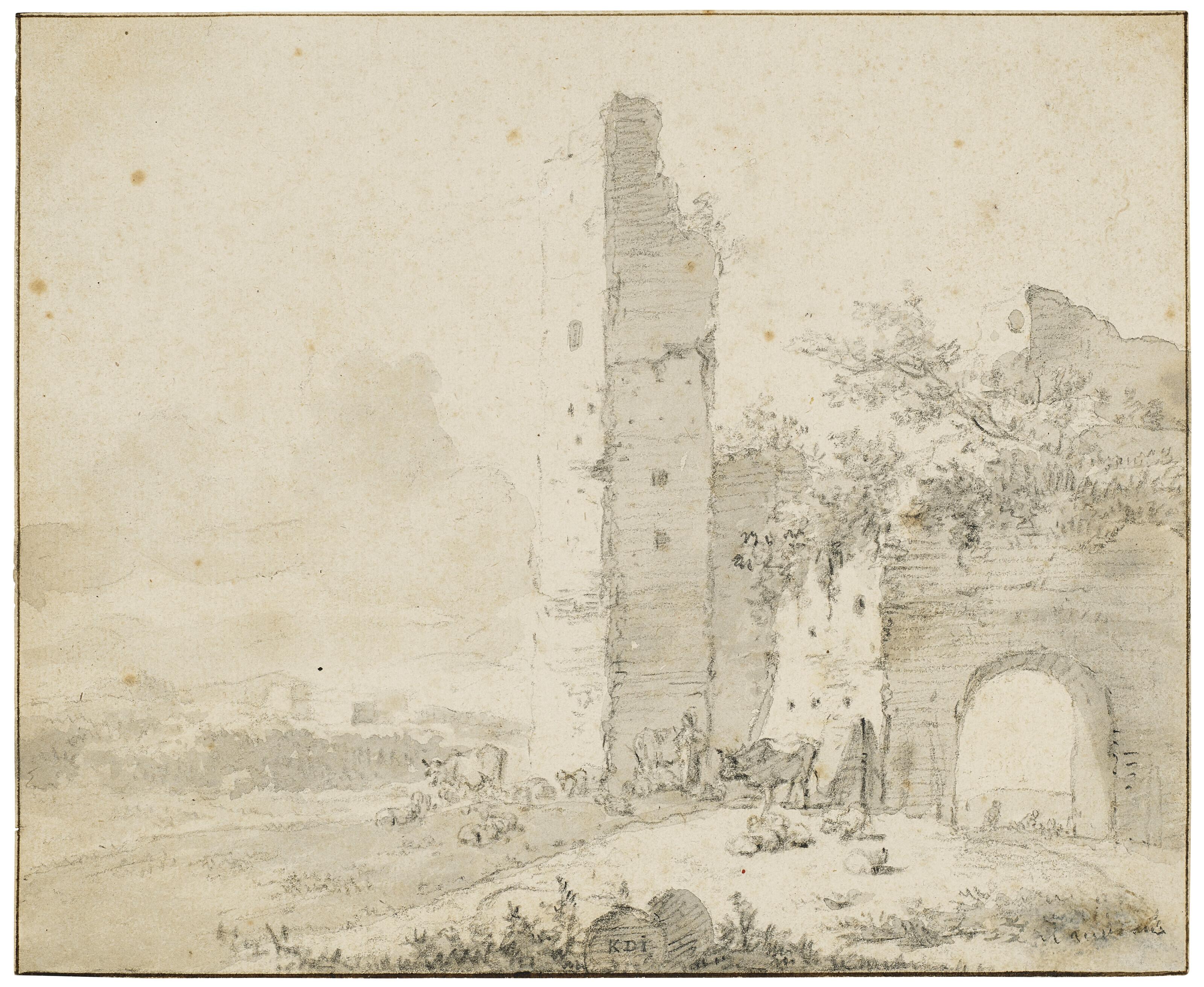Karel Dujardin - A figure with cattle and sheep by a ruined tower and archway