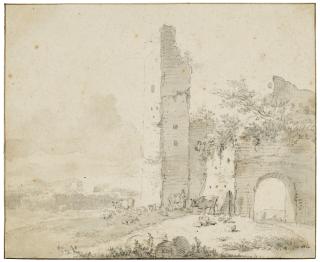 Karel Dujardin - A figure with cattle and sheep by a ruined tower and archway