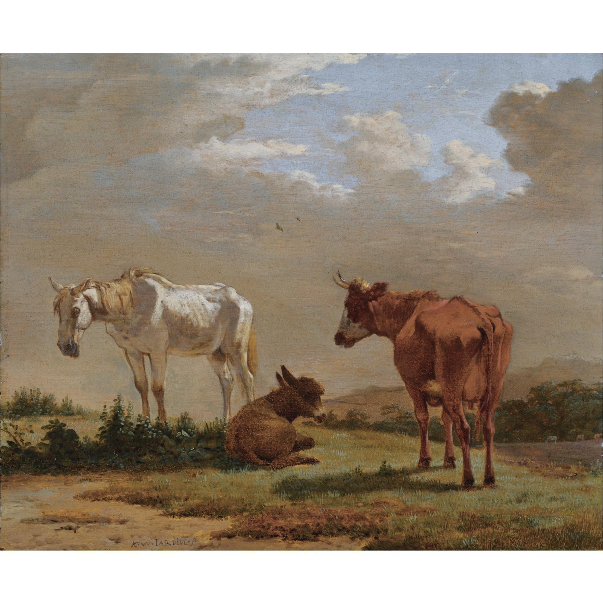 Karel Dujardin - A White Horse, A Cow And A Donkey In A Landscape