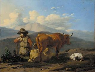 Karel Dujardin - An Italianate landscape with a herdsman with cattle and a dog