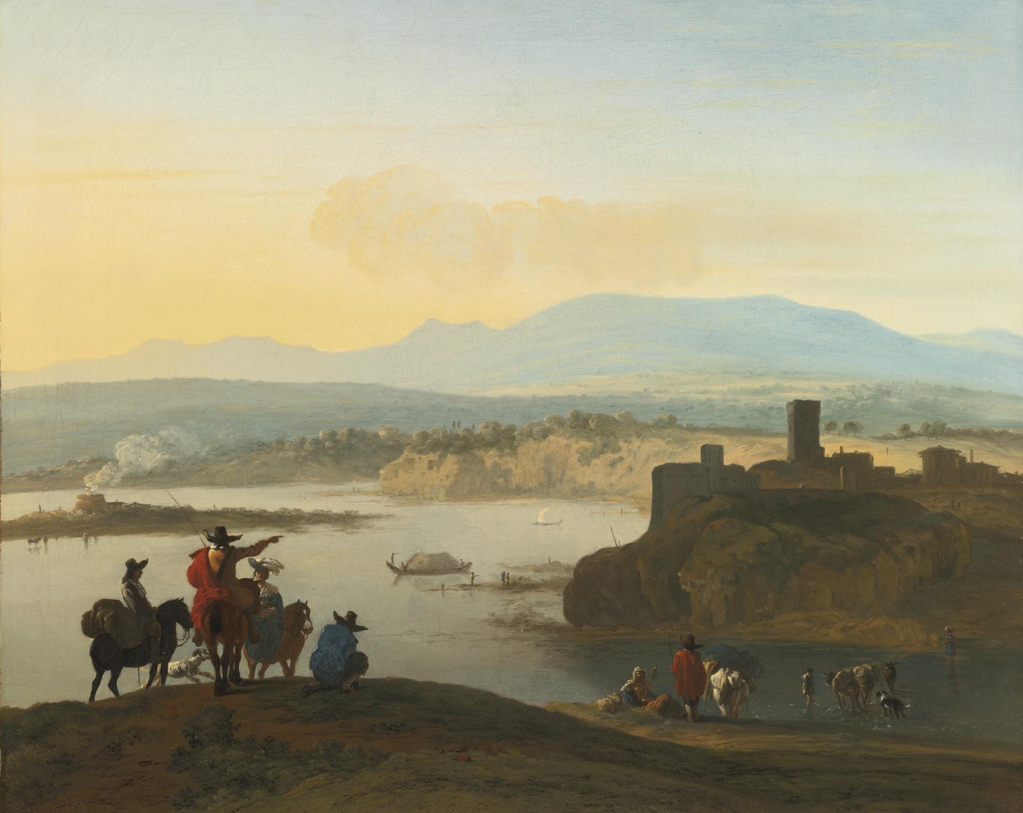 Karel Dujardin - Extensive Italianate Landscape With An Elegant Company And A Lime Kiln