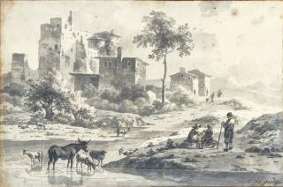Karel Dujardin - Italian Landscape With Herdsmen And Animals By A Stream