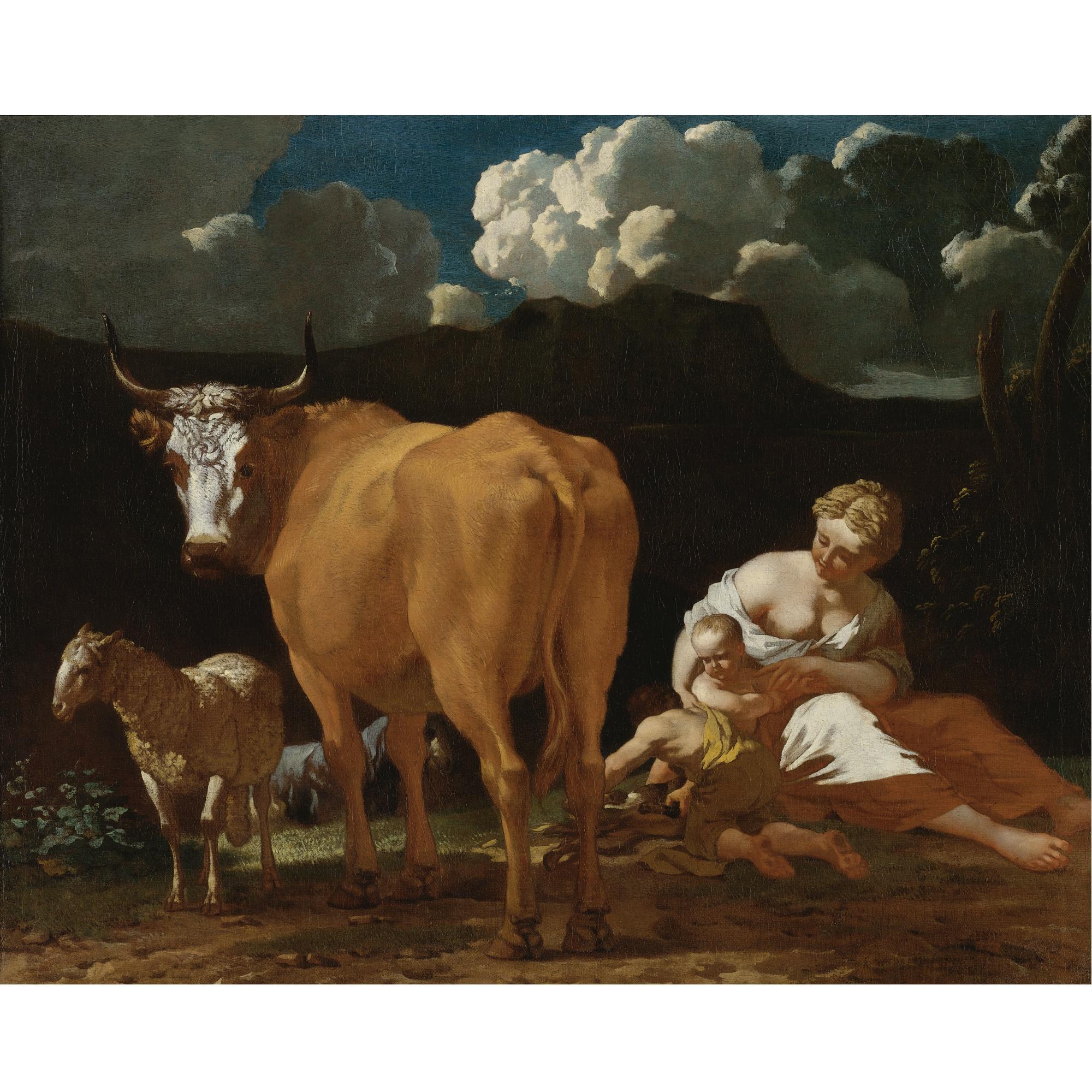 Karel Dujardin - Italianate Landscape With A Woman, Two Children, A Bull, Sheep And A Dog