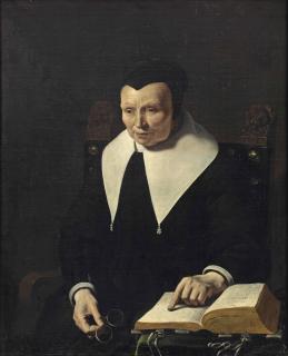 Karel Dujardin - Portrait of an old lady, half-length, seated in a chair holding her glasses and pointing at a book on a table