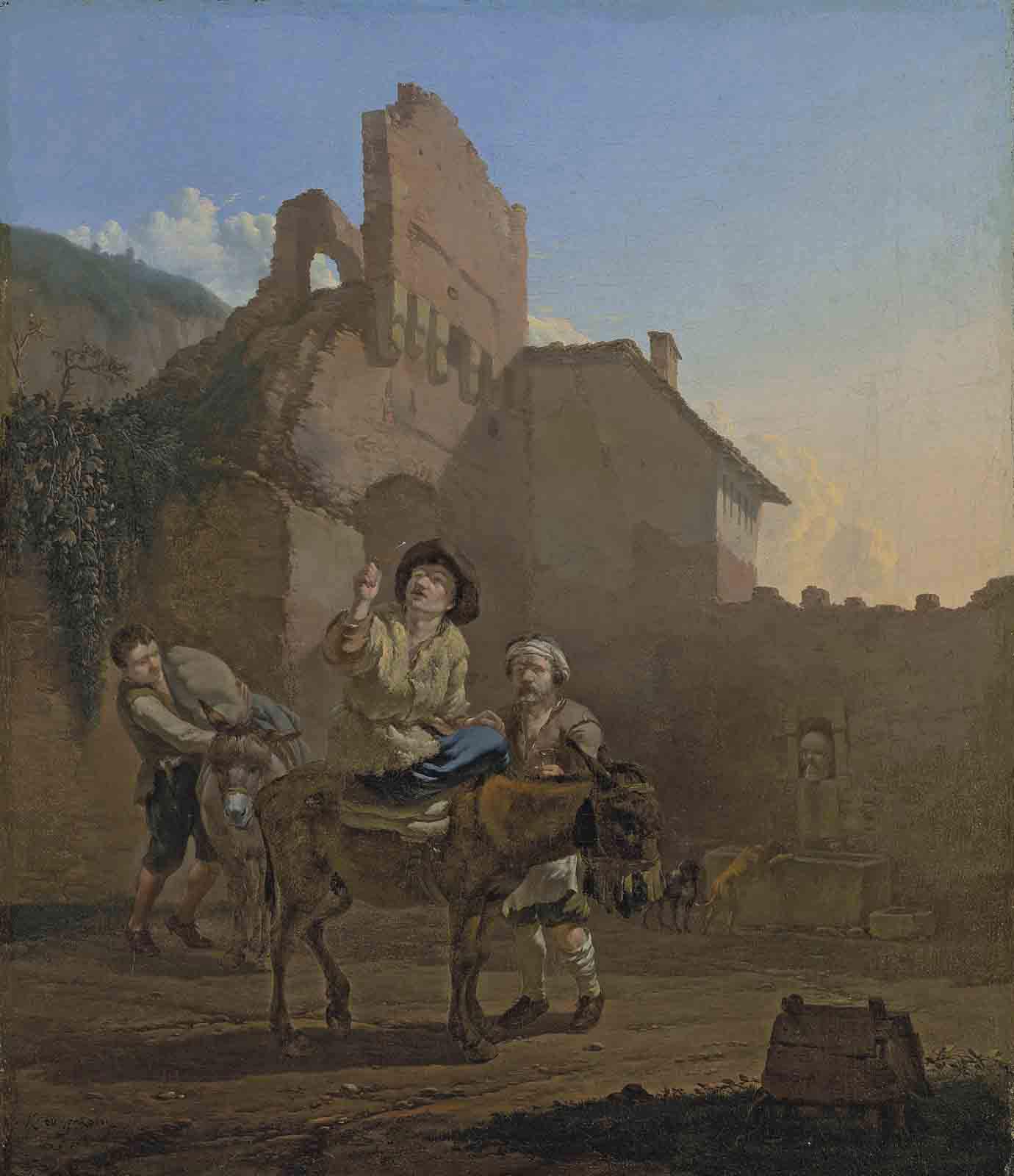 Karel Dujardin - Travellers with donkeys resting at the walls of a town