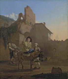 Karel Dujardin - Travellers with donkeys resting at the walls of a town