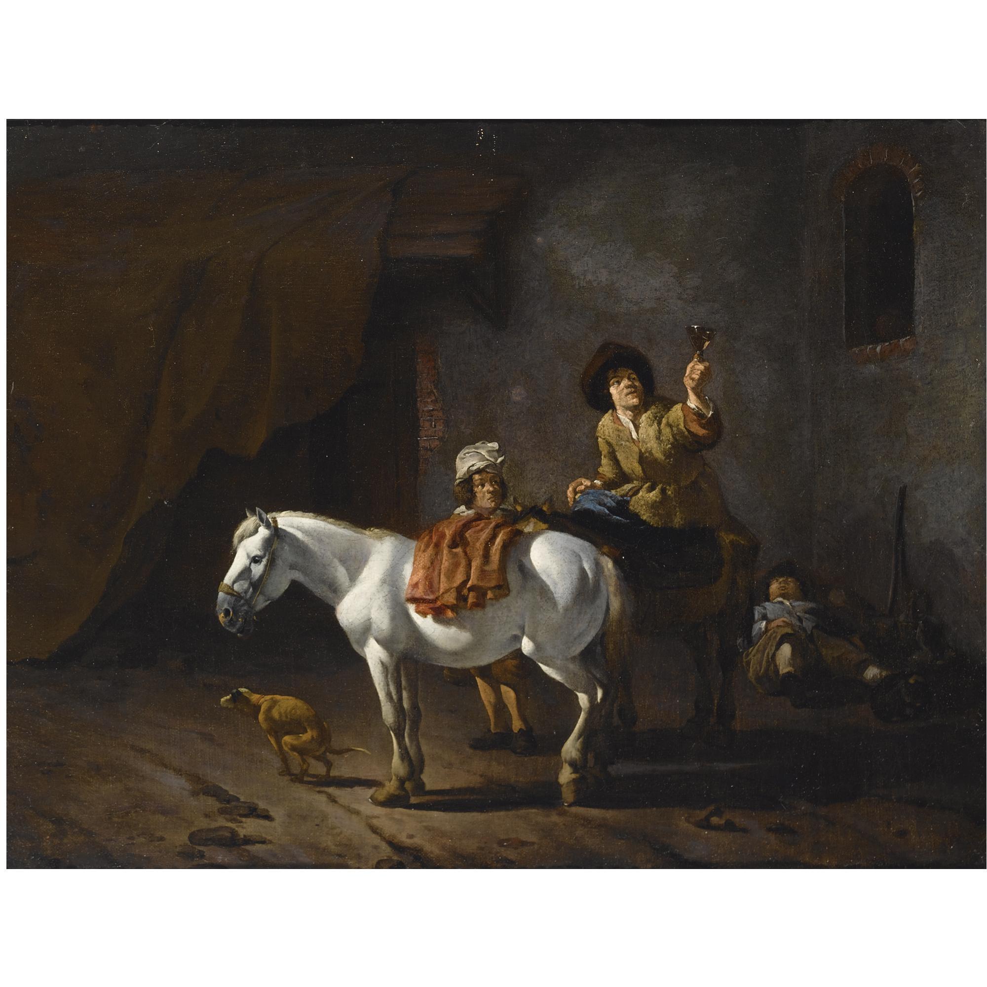 Karel Dujardin - Two Horsemen With Their Horses And A Dog Near A Stable, Another Horseman Sleeping In The Background