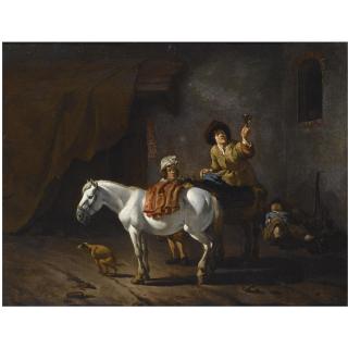 Karel Dujardin - Two Horsemen With Their Horses And A Dog Near A Stable, Another Horseman Sleeping In The Background