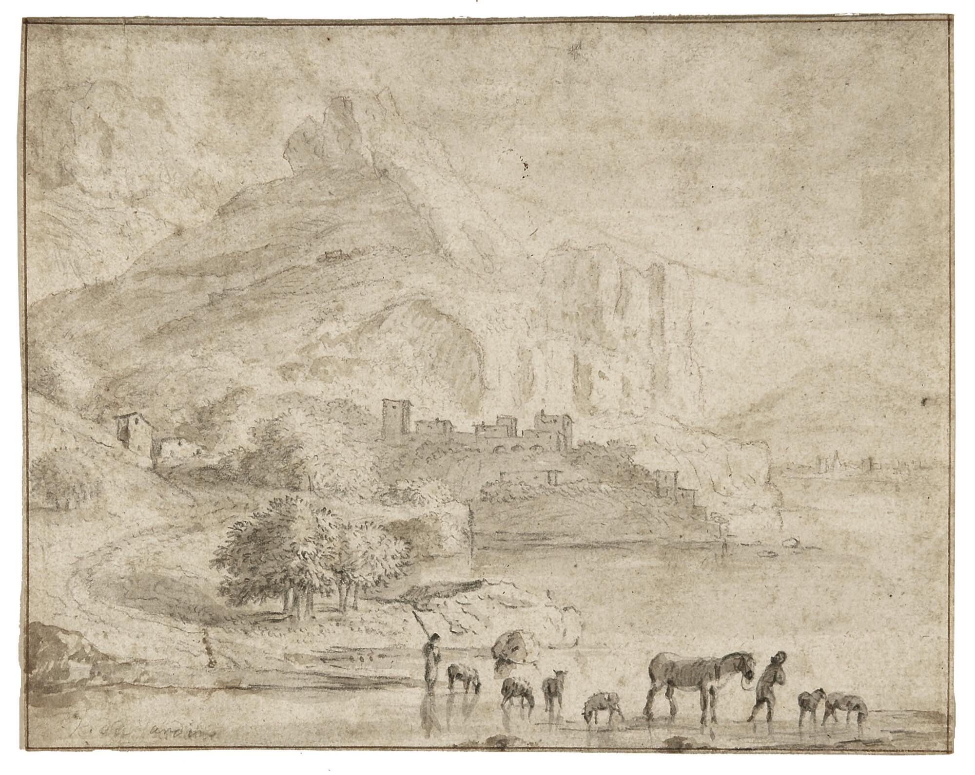 Karel Dujardin - Weidetiere und Hirten an einem See in bergiger Landschaft.