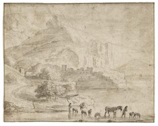 Karel Dujardin - Weidetiere und Hirten an einem See in bergiger Landschaft.