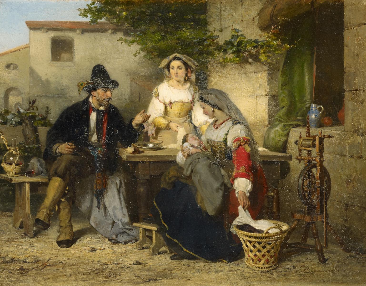 Karel Frans Philippeau - Italienische Idylle. Junge Familie bei Wein und Brot vor dem Hause