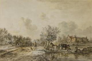 Karel La Fargue - Landscape with horses at a pond with a village beyond