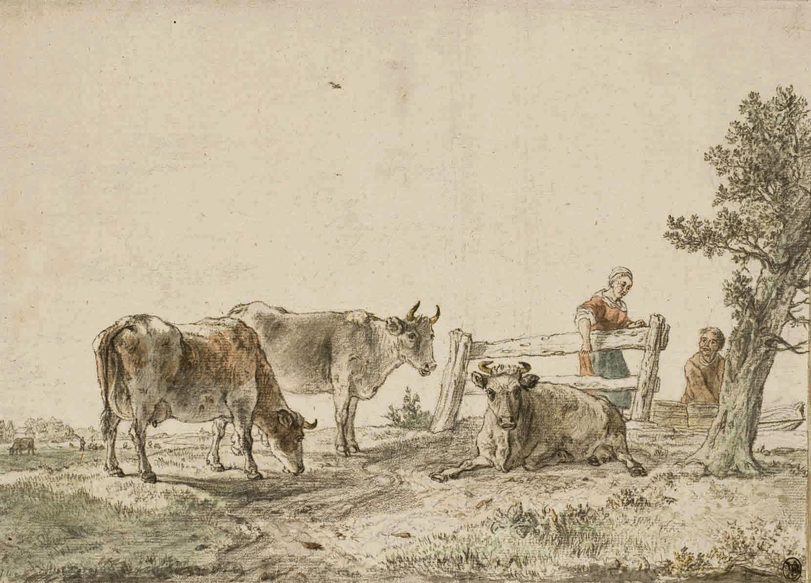 Karel La Fargue - Vaches et paysans dans un pré