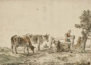 Karel La Fargue - Vaches et paysans dans un pré