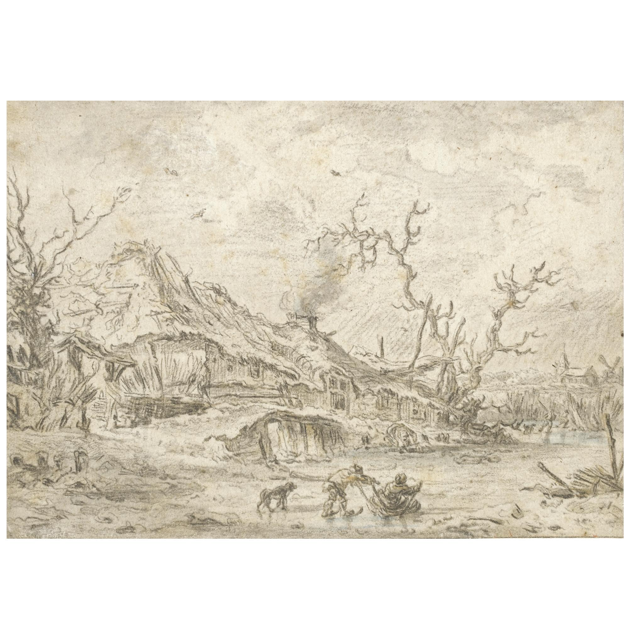 Karel la Fargue - Winter Landscape With Children Playing On The Ice By A Ramshackle Building