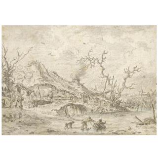 Karel la Fargue - Winter Landscape With Children Playing On The Ice By A Ramshackle Building