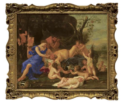 Karel Philips Spierincks - A bacchanal with two fauns looking at drunken Silenus, with putti cavorting