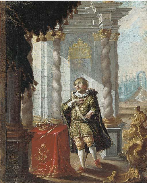 Karel Skreta - Saint Ferdinand of Castile, his crown and sceptre resting on a draped table, in a feigned border