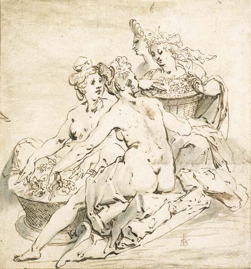 Karel Van Mander - A Group Of Four Nude Women Holding Two Baskets Of Flowers
