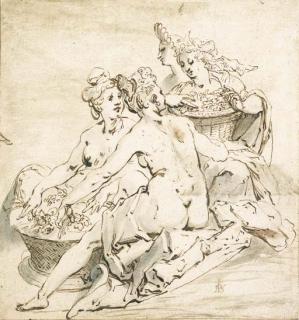 Karel Van Mander - A Group Of Four Nude Women Holding Two Baskets Of Flowers