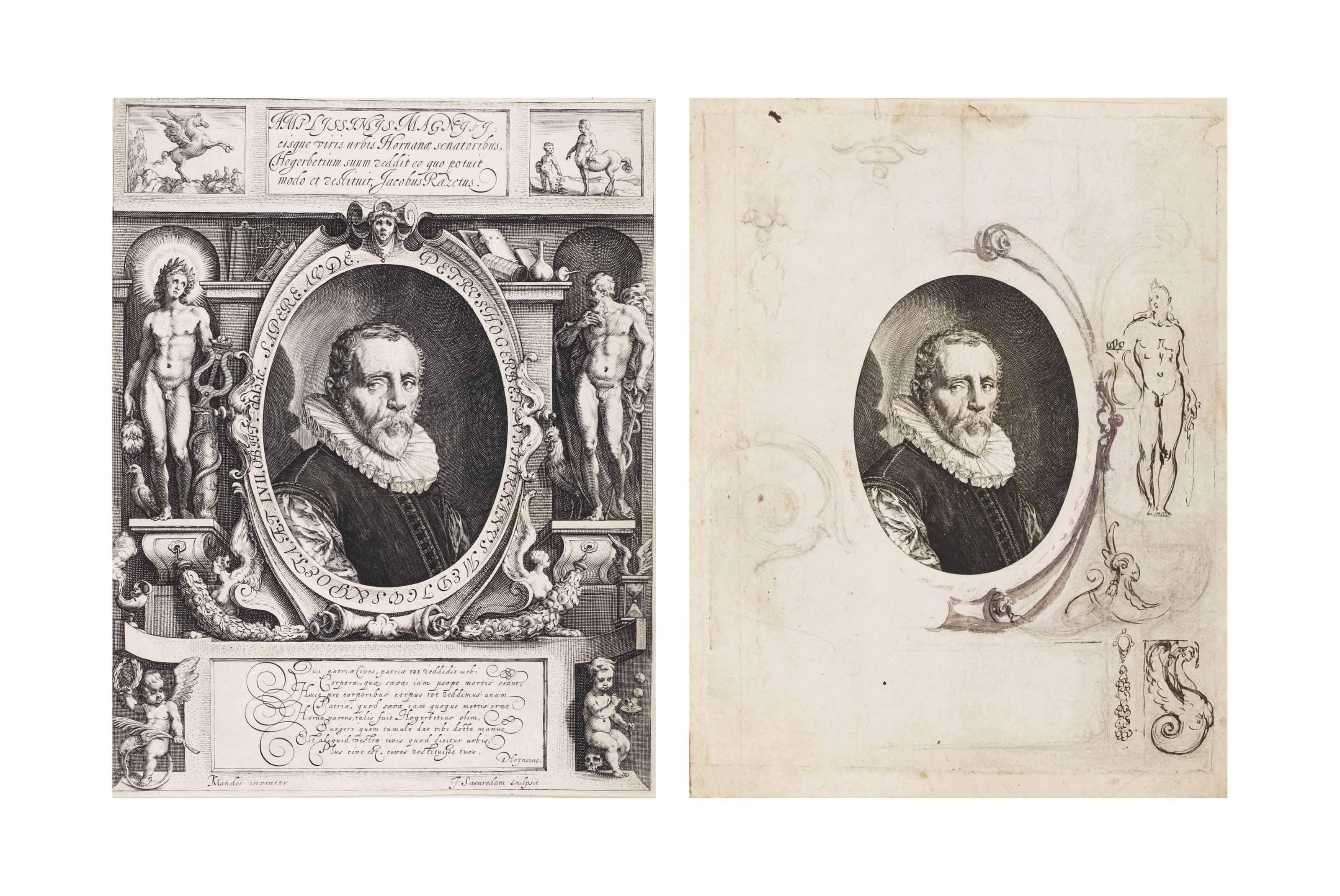 Karel van Mander - A Proof Impression Of The Engraved Portrait Of Pieter Hogerbeets By Jan Saenredam, With The Design For Part Of The Decorative Surround At The Right Of The Sheet