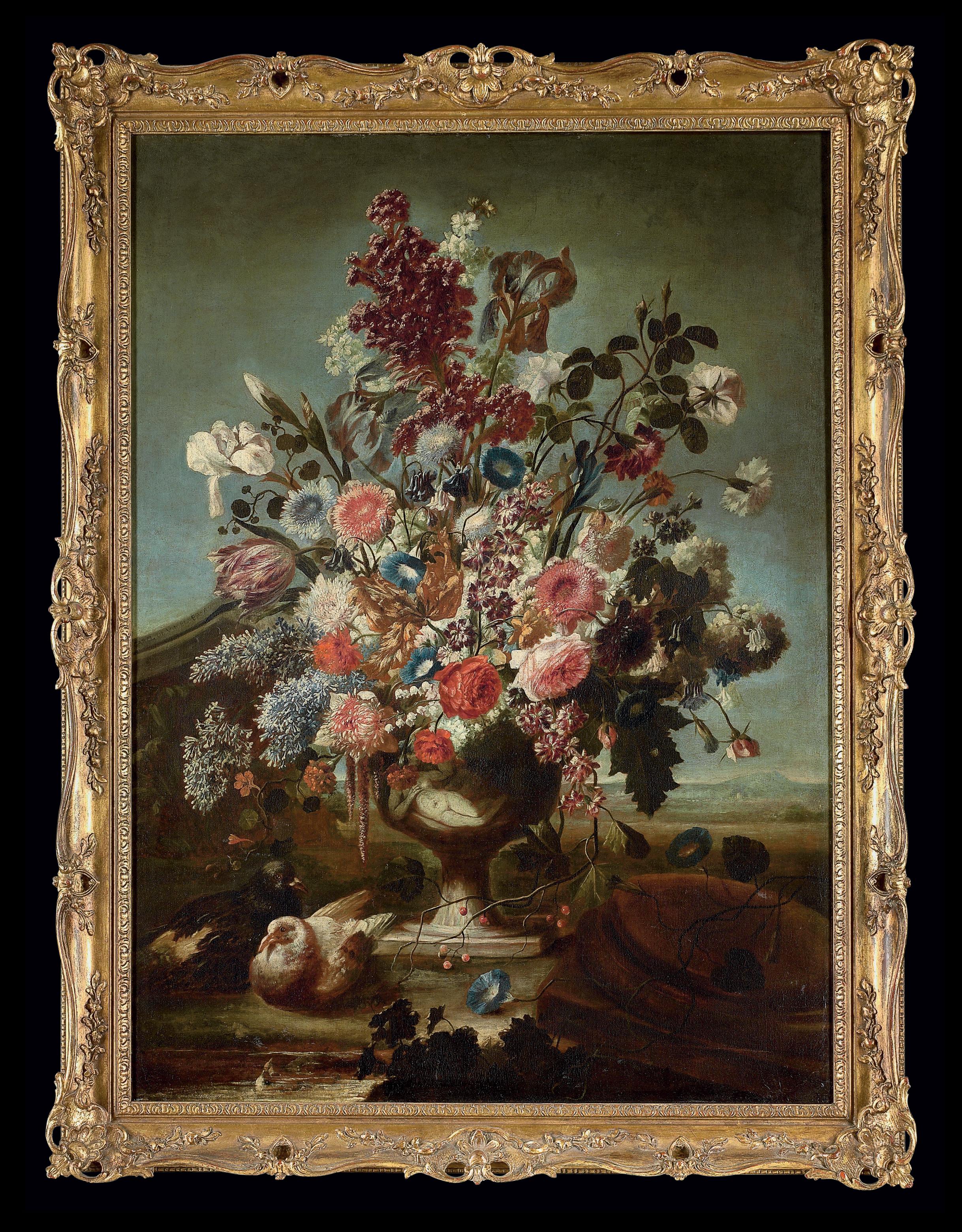 Karel van Vogelaer - Tulips, roses, peonies, irises and other flower in an ornamental urn, with a pair of doves