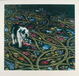 Karin Kneffel - „Hund auf Blumenteppich“.