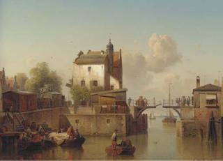 Karl Adloff - A Canal With Figures Embarking On Fishing Boats And Others On The Locke