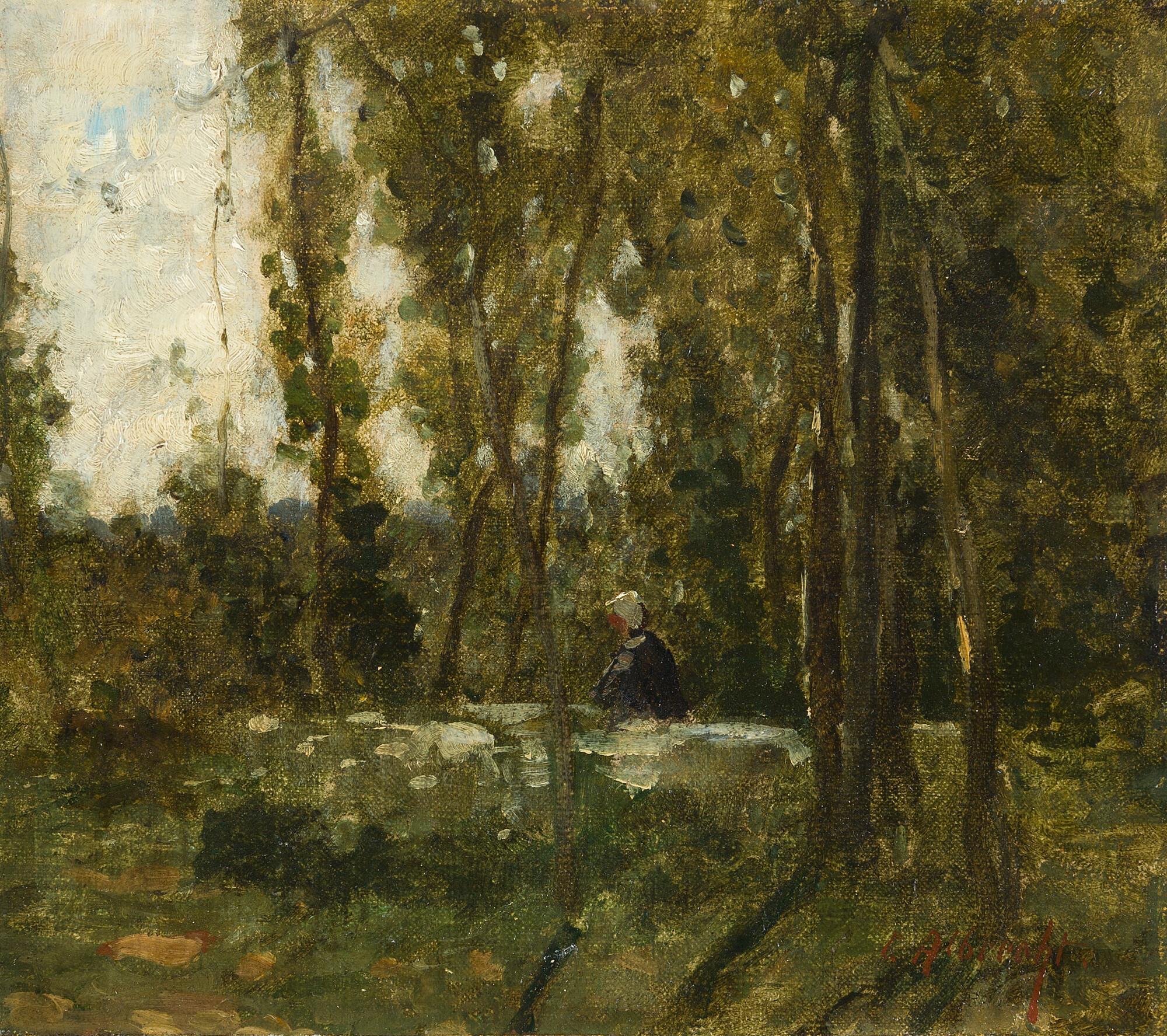 Karl Albrecht - Bäuerin mit weißer Haube in sommerlicher Waldlandschaft.