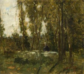 Karl Albrecht - Bäuerin mit weißer Haube in sommerlicher Waldlandschaft.