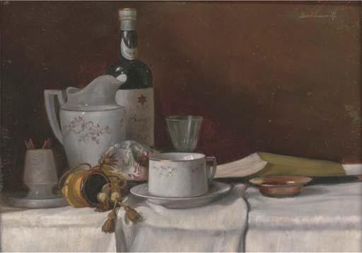 Karl Bachmann - A Cup, Saucer, Bottle, Jug And Glass With A Book To The Side