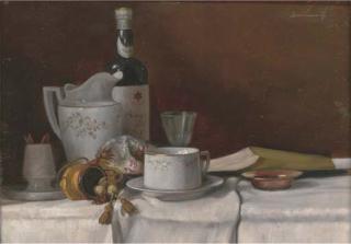Karl Bachmann - A Cup, Saucer, Bottle, Jug And Glass With A Book To The Side