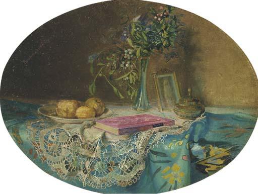 Karl Bachmann - Flowers, a pink book and fruit on a table
