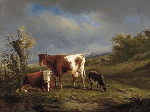 Karl Cartier - Cattle and a goat grazing in a meadow