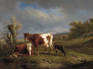 Karl Cartier - Cattle and a goat grazing in a meadow