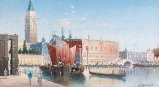 Karl Charles Kaufman - Figures by the Customs house, Piazza St. Marco beyond