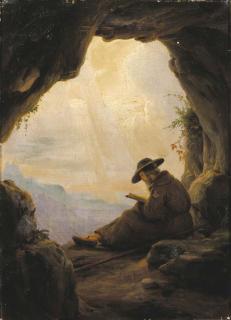 Karl Friedrich Lessing - A hermit reading in grotto overlooking a mountainous landscape