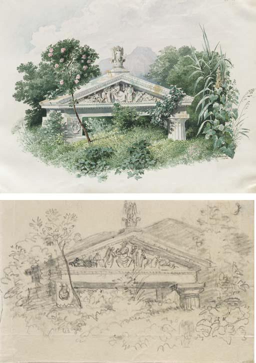 Karl Friedrich Schinkel - The pediment of a Doric building amid dense vegetation; and A study for the same