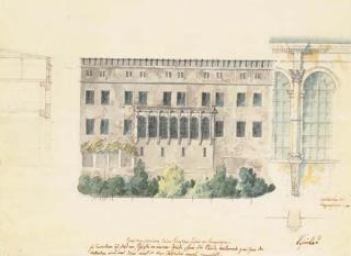 Karl Friedrich Von Schinkel - A design for a new stairwell for the North façade of the Schloss at Stettin, with a subsidiary study of the loggia, a cross-section of the façade, and an engaged pilaster
