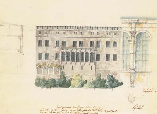 Karl Friedrich Von Schinkel - A design for a new stairwell for the North façade of the Schloss at Stettin, with a subsidiary study of the loggia, a cross-section of the façade, and an engaged pilaster