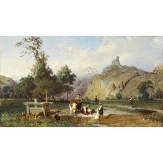 Karl Girardet - Lavandières Au Bord D\'Une Rivière Washer Women On A Riverside