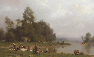 Karl Girardet - Washerwomen By A Riverbank