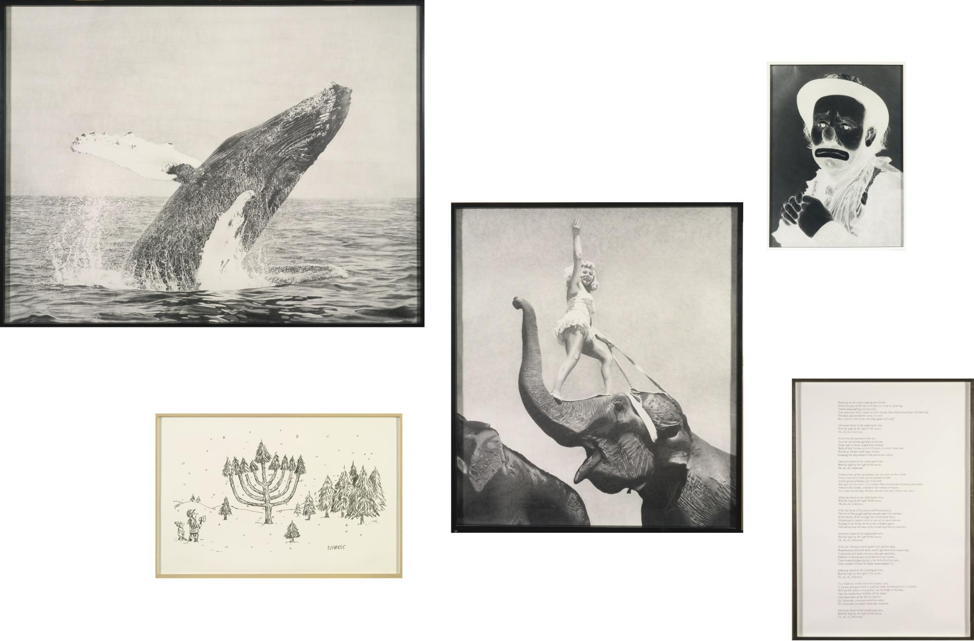 Karl Haendel - Mazel Tov Group (Untitled (Whale); New Yorker Cartoon Drawing #27; Circus #3; Emmett Kelly; Dylan Lyrics #2)