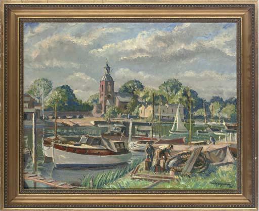 Karl Hagedorn, R.B.A., R.S.M.A. - Boats moored on a sunny day, Sunbury on Thames