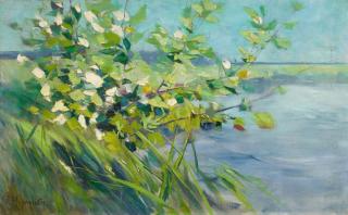 Karl Hagemeister - Landschaft mit blühendem Strauch an einem Ufer