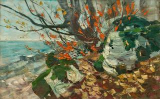 Karl Hagemeister - Stürmische Küstenlandschaft mit Sanddornstrauch (Rügen-Lohme).