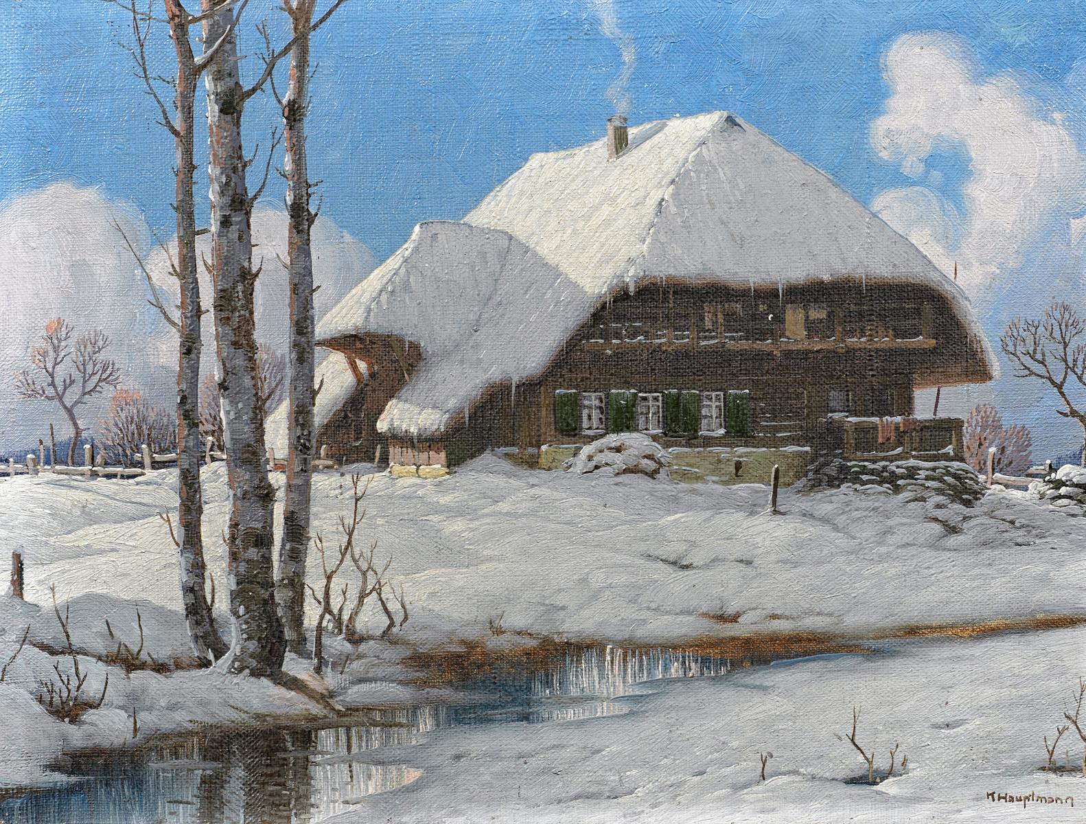 Karl Hauptmann - Winterlich verschneites Schwarzwaldgehöft.