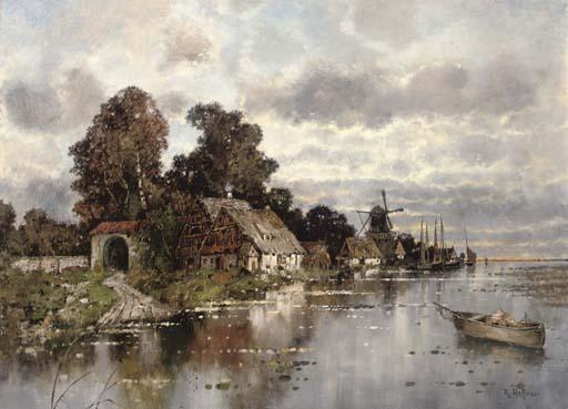 Karl Heffner - A Dutch waterway at dusk
